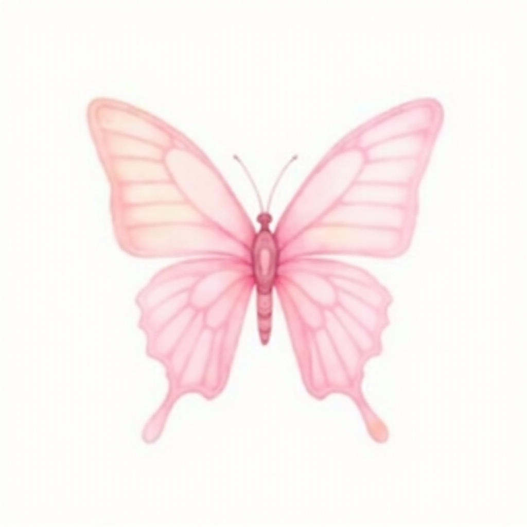 Create a watercolor illustration of a delicate pink butterfly with soft gradient wings, showcasing shades of light pink and cream. The butterfly should be depicted from a side view, highlighting its intricate wing patterns and gentle curves. The background should be minimal to emphasize the beauty of the butterfly.