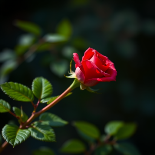 A single vibrant red rose on a long stem with lush green leaves, shot in a high-key lighting style, using a macro lens at f/2.8, ISO 100, shutter speed 1/200s, from a low angle view, captured with a DSLR camera.