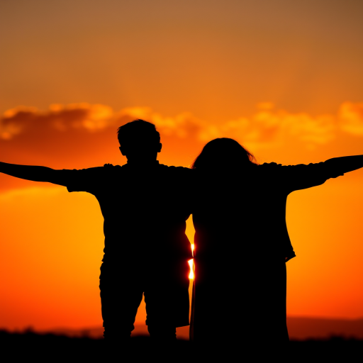 Silhouette of a couple with arms outstretched against a vibrant sunset, high dynamic range, aperture f/8, ISO 100, shutter speed 1/500s, wide-angle lens, DSLR camera, golden hour lighting.
