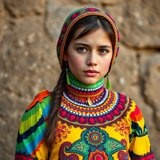 A beautiful Kurdish girl, wearing colorful bird clothing with vibrant colors