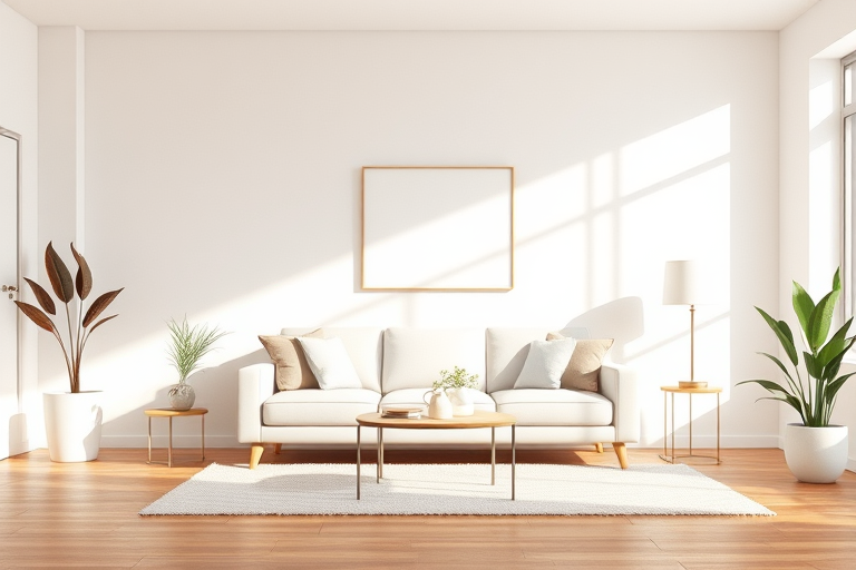 Create a digital illustration of a modern living room with a simple couch, minimalist decor, and soft color palette, using a 35mm camera setting, portrait orientation, shallow depth of field, and digital art style.