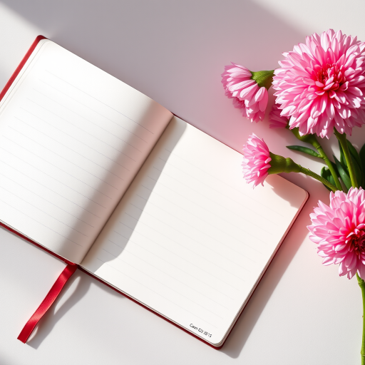 Create a high-resolution image of an open notebook with blank lined pages lying flat, featuring pink carnations on the right side, shot with a Canon EOS R5 at f/2.8, ISO 100, 50mm lens, natural light from the left side, top-down perspective for a crisp and vibrant look.