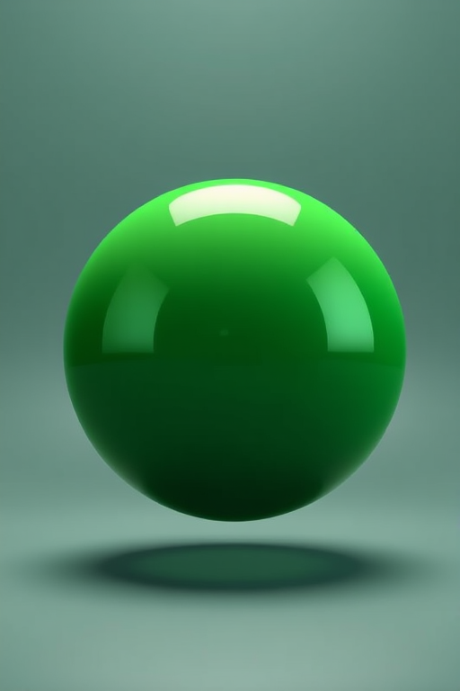 Create a realistic 3D render of a glossy green sphere with a soft highlight, set against a gradient background, using a DSLR camera with a 50mm lens, f/1.8 aperture, ISO 100, and a shallow depth of field to enhance focus on the sphere while softly blurring the background.