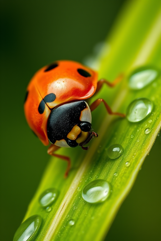 Close-up shot of a ladybug perched on a green leaf with water droplets, macro lens, aperture f/2.8, ISO 100, 1/200 sec, natural lighting, DSLR camera.