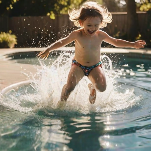 Blurry action shot of a child jumping into a pool, splashing water everywhere, with bright sunlight reflecting off the surface and laughter echoing in the background.