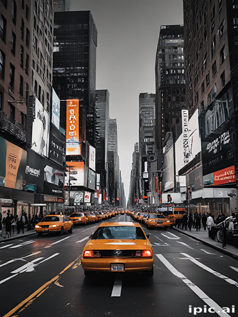 Busy New York City Street Filled with Iconic Yellow Taxis and Skyscrapers