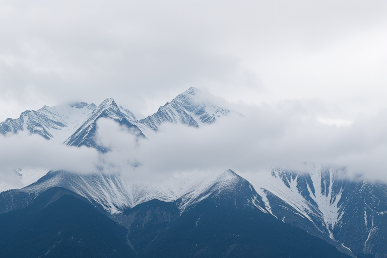 Snow-capped mountain peak partially obscured by clouds, taken with a DSLR camera, 50mm lens, f/8 aperture, ISO 200, overcast lighting, panoramic view, high-resolution image.