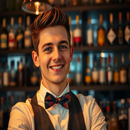 Create an image of a young male bartender with a charming smile and stylish appearance, wearing a bow tie and formal attire, in a well-lit bar setting with shelves of liquor in the background, captured with a Canon EOS R5, 50mm lens, f/1.8, ISO 100, with soft bokeh and warm lighting to enhance the inviting atmosphere.