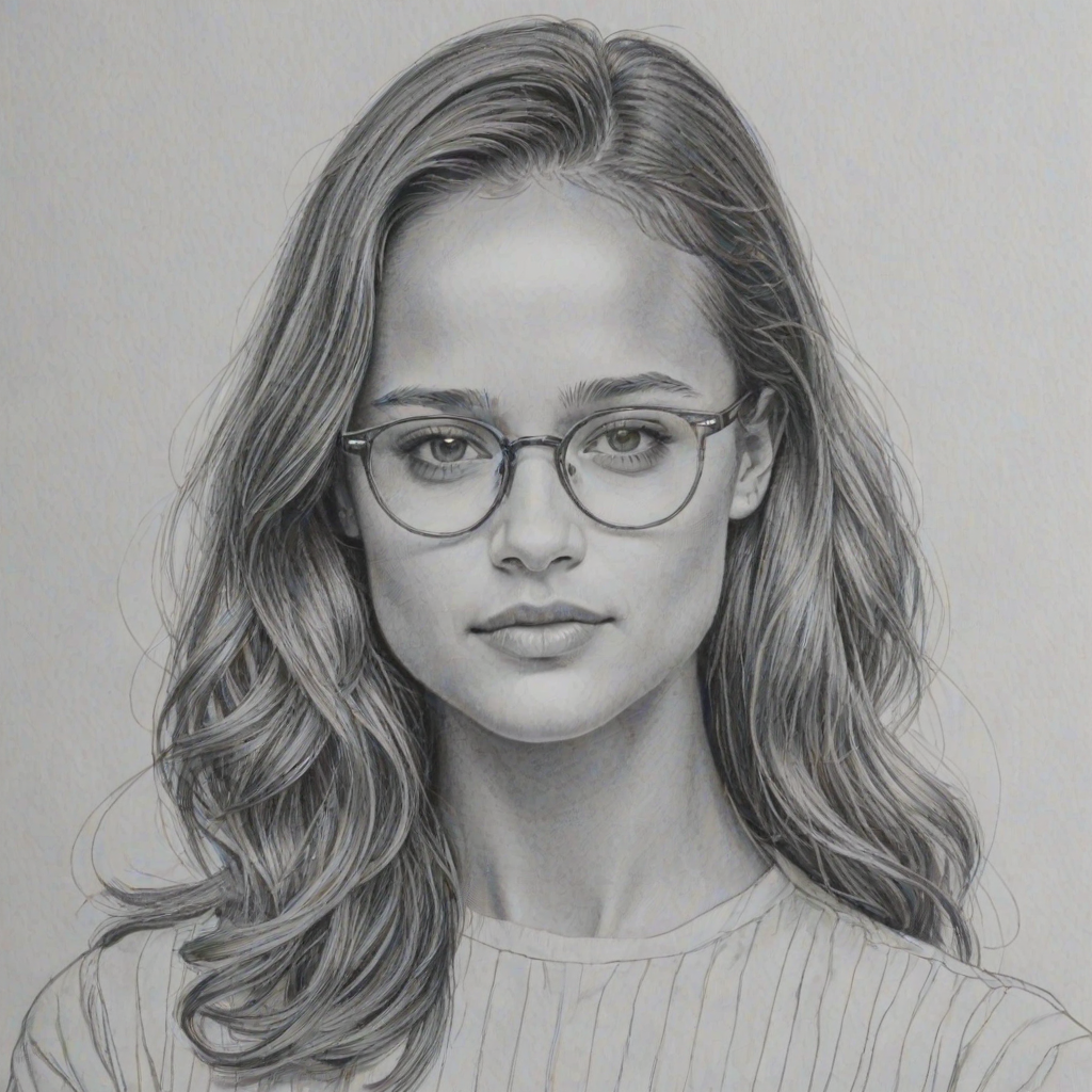 Enticing Alicia Vikander, pencil sketch, portrait of Enticing woman 1966s in glasses, hair style beatnik, outline, clear lines, fine lines, 8k