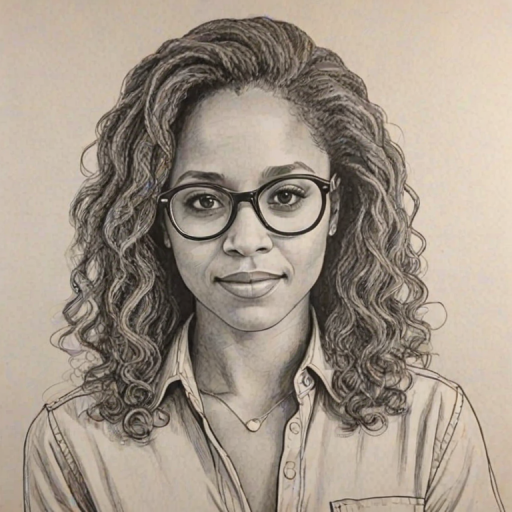 Comely Tracie Thoms, pencil sketch, portrait of Enchanting woman 1970s in glasses, hair style beatnik, outline, clear lines, fine lines, 8k
