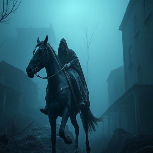 Create a dark fantasy scene of a ghostly figure in a hooded cloak riding a spectral horse through a foggy, eerie landscape with dilapidated buildings, using a full-frame DSLR camera with a 24mm lens, aperture set to f/2.8, shutter speed of 1/125s, ISO 400, in low-angle perspective to enhance depth and drama.