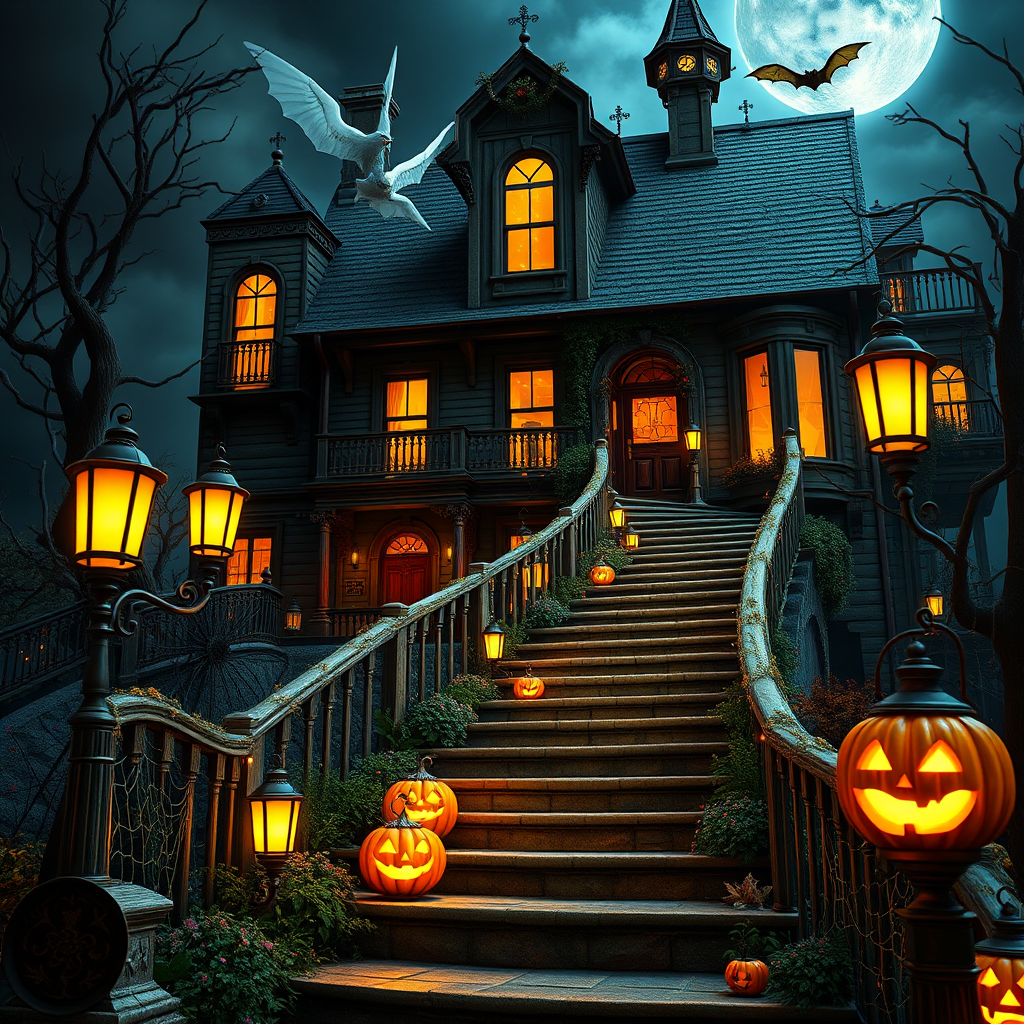 airbrushed oil painting, halloween theme, a haunted house, stairs, highly decorated, illuminated, lanterns, jack o'lantern, bats, webcobs