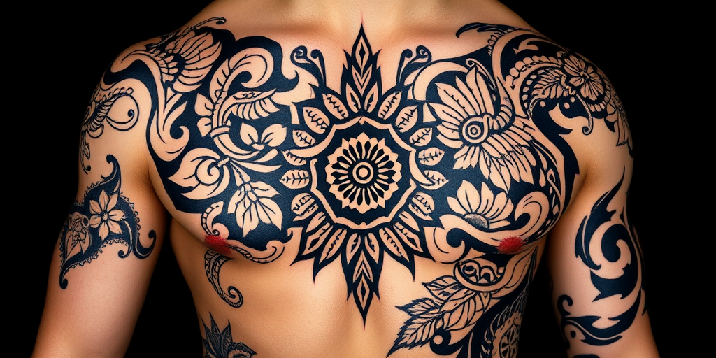Ornamental blackwork tattoo inspired by Polynesian tribal designs, featuring intricate patterns and symbols that flow with the body's natural contours, emphasizing cultural heritage