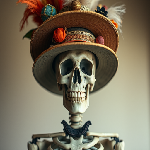 Create a surreal portrait of a stacked skeleton with elaborate hats, using a 50mm lens at f/1.8, 1/125 sec shutter speed, ISO 200, with soft, diffused lighting and a shallow depth of field to enhance details and colors.