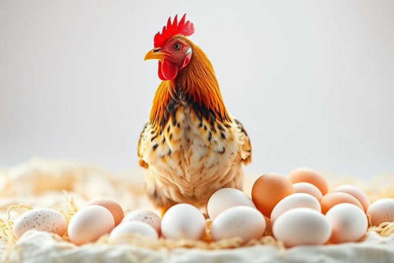 Create a high-quality illustration of a chicken standing beside a pile of eggs, use a Canon EOS R5 with an aperture of f/2.8, ISO 100, and a 50mm lens in a close-up perspective with a bright, well-lit background to enhance details and colors.