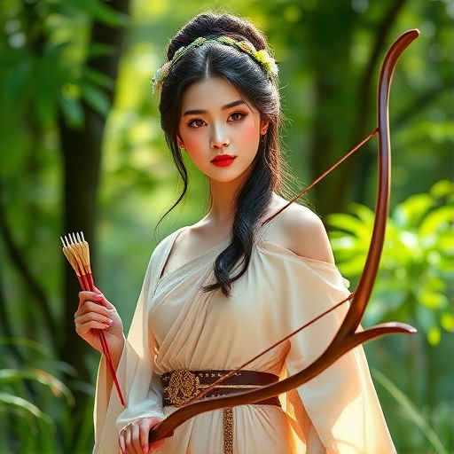 Create a portrait of a goddess-like Chinese girl figure in a tranquil, forested environment. She has an elegant appearance with long, wavy hair styled in an updo and adorned with a delicate, floral headband. She wears a flowing, ancient Greek-inspired gown in a soft, pale color, featuring a one-shoulder design and draped fabric that accentuates her graceful form. The outfit includes a decorative belt with ornate gold detailing, and she holds a bow in her hand, with a quiver of arrows slung over her shoulder. The background depicts lush greenery, with sunlight filtering through the trees, casting a gentle, ethereal light on the scene. Her expression is calm and contemplative, embodying a sense of wisdom and serenity.