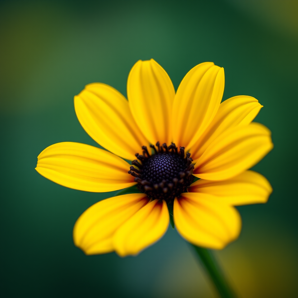 close-up of a yellow flower with a dark center, shallow depth of field, soft focus background, Canon EOS R5, 85mm f/1.2 lens, ISO 100, f/2.8, 1/200s, natural lighting