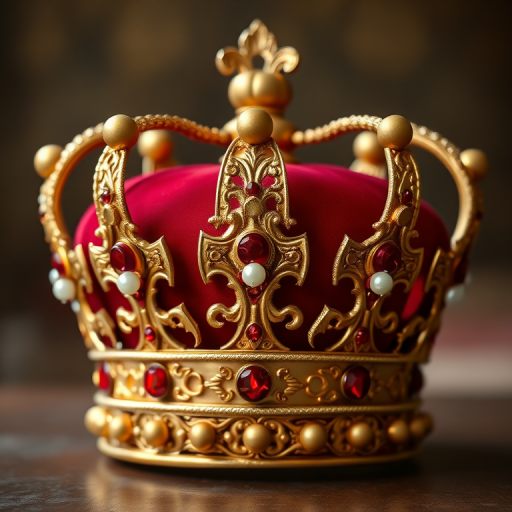 Regenerate the image of a royal crown with intricate details, featuring gold and red elements, enhanced with pearls and jewels, in high resolution, using a DSLR camera, 50mm lens, f/1.8 aperture, ISO 100, natural lighting, shallow depth of field for a soft background.
