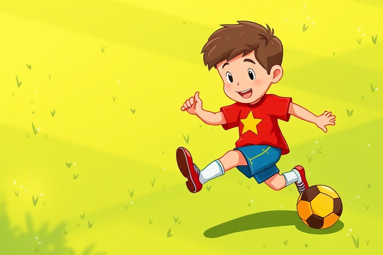Create an illustration of a cheerful cartoon boy playing soccer, wearing a red shirt with a yellow star, blue shorts, and kicking a yellow soccer ball, set in a bright green grassy field, with high-resolution, vibrant colors, using a DSLR camera, f/8 aperture, ISO 400, 35mm lens, natural lighting, and a slightly elevated angle to capture the action.