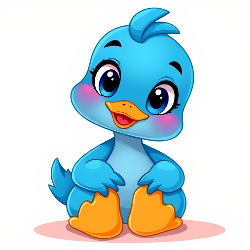 Create a vibrant and playful cartoon illustration of a blue duck character sitting down, with large expressive eyes and a friendly smile, use a digital art style with bright colors, set the camera to a 50mm lens, f/2.8 aperture, and ISO 100 for sharp details and a soft background blur.