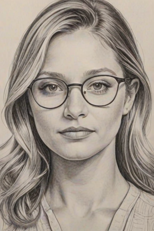 Pleasing Vanessa Ray, pencil sketch, portrait of Resplendent woman 1968s in glasses, hair style beatnik, outline, clear lines, fine lines, 8k