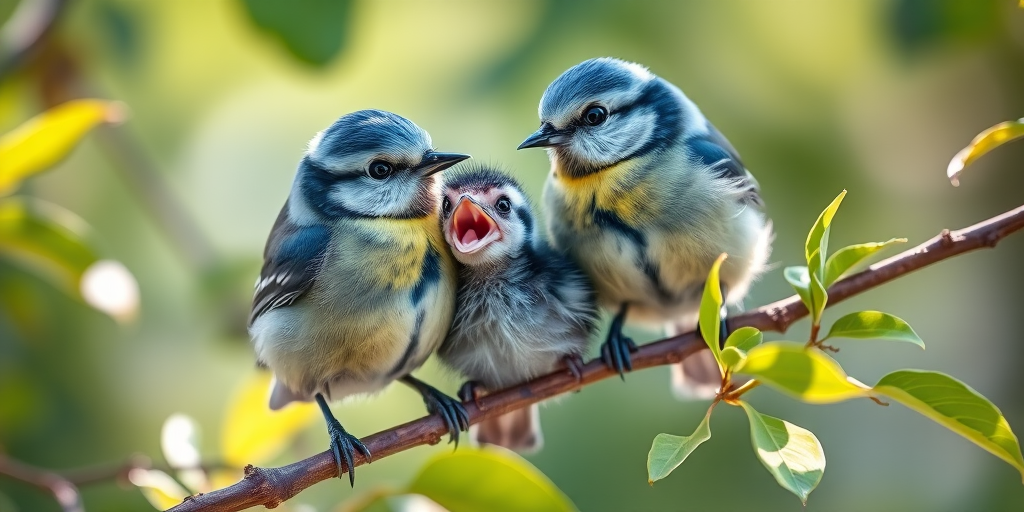 two blue tit birds perched on a branch, one chick with its beak open, surrounded by green leaves, soft natural lighting, shallow depth of field, ISO 200, f/4, 1/200s, taken with a DSLR camera using a macro lens
