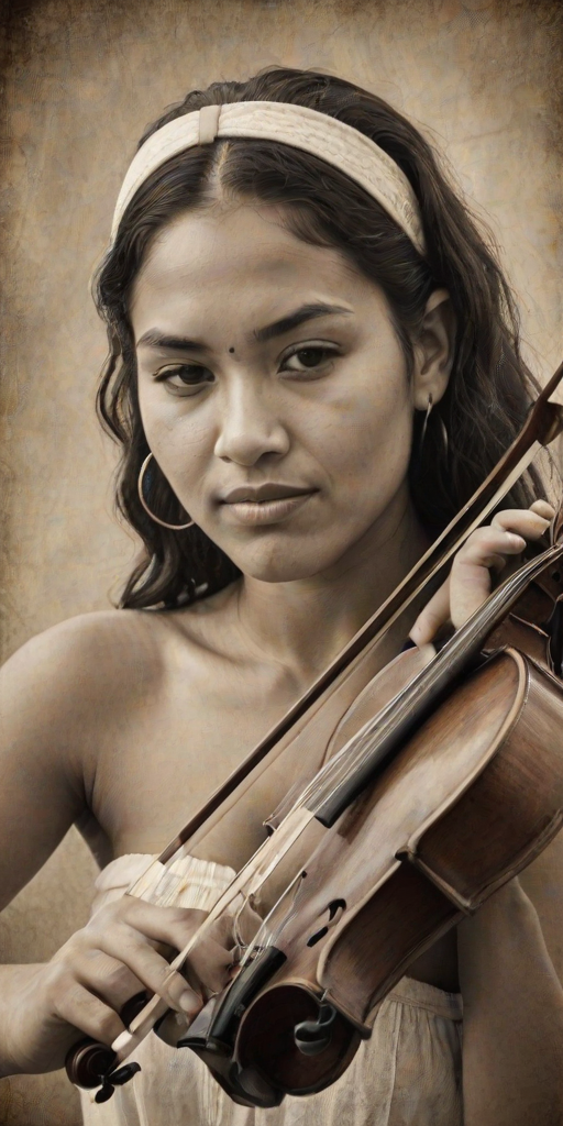 a young Maori woman with a white headband playing a violin, in the style of a charcoal drawing, sepia grunge background