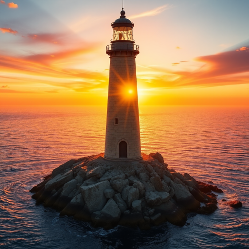 Generate an image of a tall lighthouse perched on a rocky outcrop surrounded by calm ocean waters during a breathtaking sunset. The lighthouse stands sturdy and weathered, its stone surface illuminated by the warm golden light of the setting sun. The sun's rays pass directly through the glass lantern room at the top of the lighthouse, casting a brilliant light across the scene. The sky is painted with vibrant shades of orange, pink, and purple, reflecting off the tranquil sea. The surrounding water shimmers with the same warm hues, creating a serene and majestic atmosphere.