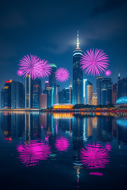Create a vibrant digital artwork of a futuristic city skyline at night, featuring sparkling reflections on water with pink and purple firework effects in the background, captured with a high-resolution DSLR camera at f/2.8, ISO 200, shutter speed 1/60s, in a wide-angle view using a long exposure style.