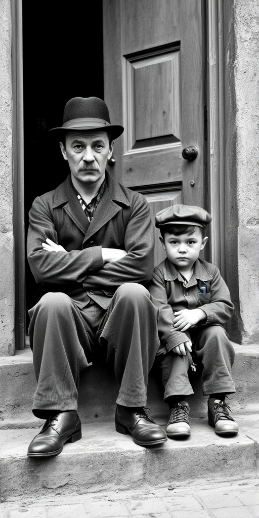 A black-and-white photograph of a man and a child sitting on steps in front of a doorway. The man is dressed as a tramp with a bowler hat, mustache, and ragged clothes, reminiscent of Charlie Chaplin's iconic look. He is sitting with his arms crossed and an expression of slight sadness or frustration. Next to him is a young boy, also in worn clothes and a cap, sitting with his hands clasped, looking thoughtful. The background is an old, textured wall and a partially open door, creating a vintage, early 20th-century atmosphere.