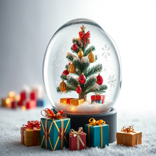 Create a bright and colorful Christmas snow globe scene featuring a decorated tree with ornaments, surrounded by sparkling snowflakes, and gifts of various sizes in front, using a DSLR camera with an aperture of f/2.8, ISO 100, and a focal length of 50mm, in a clean studio setup with soft diffused lighting for enhanced clarity and vibrancy.