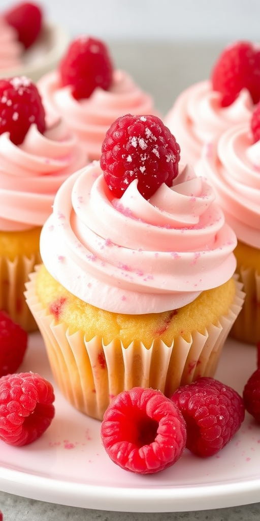 Delicious raspberry cupcakes with swirls of creamy frosting topped with fresh raspberries and a sprinkle of pink sugar on a white plate with additional raspberries around them.