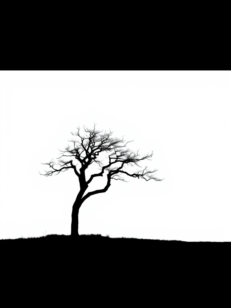 Generate a high-quality image of a minimalist black and white design featuring a tree silhouette on a plain background, captured with a Canon EOS R5, 50mm lens, aperture f/1.8, ISO 100, and a shallow depth of field for a soft background blur.