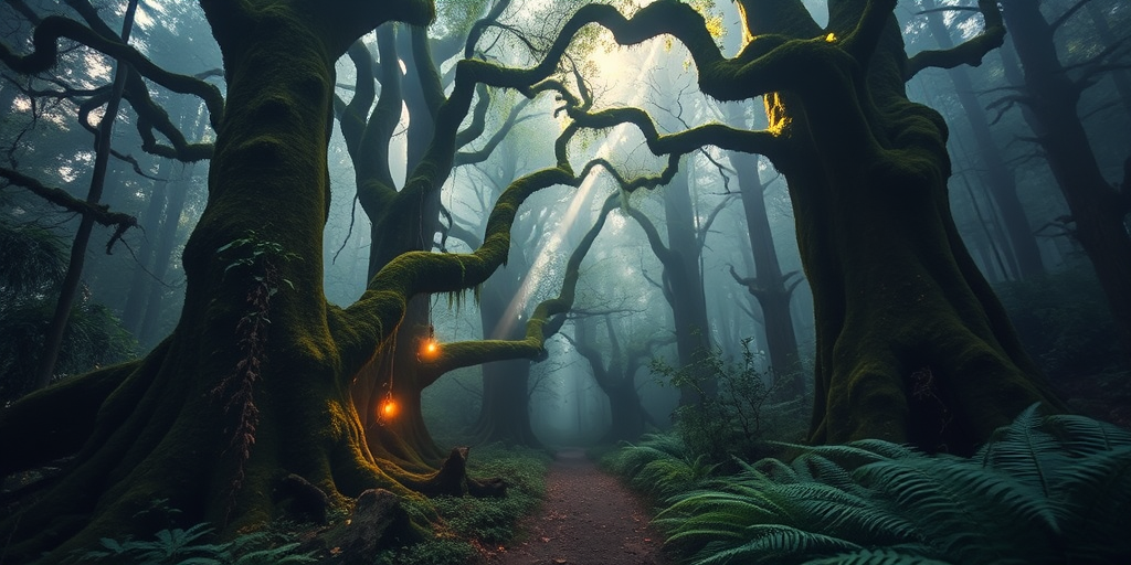 Capture a dense, mystical forest scene with towering ancient trees adorned with lush moss and vines, soft ethereal lights twinkling between the branches, dappled sunlight filtering through fog, path winding through rich green ferns, use a Canon EOS R5, 24mm lens, aperture f/2.8, ISO 100, shutter speed 1/60s, in a dreamy, cinematic style.
