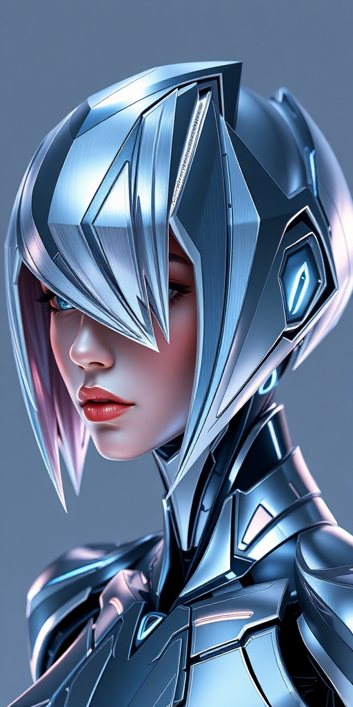 Mesmerizing metallic silver-haired android with a futuristic, geometric bob featuring sharp angles and holographic accents