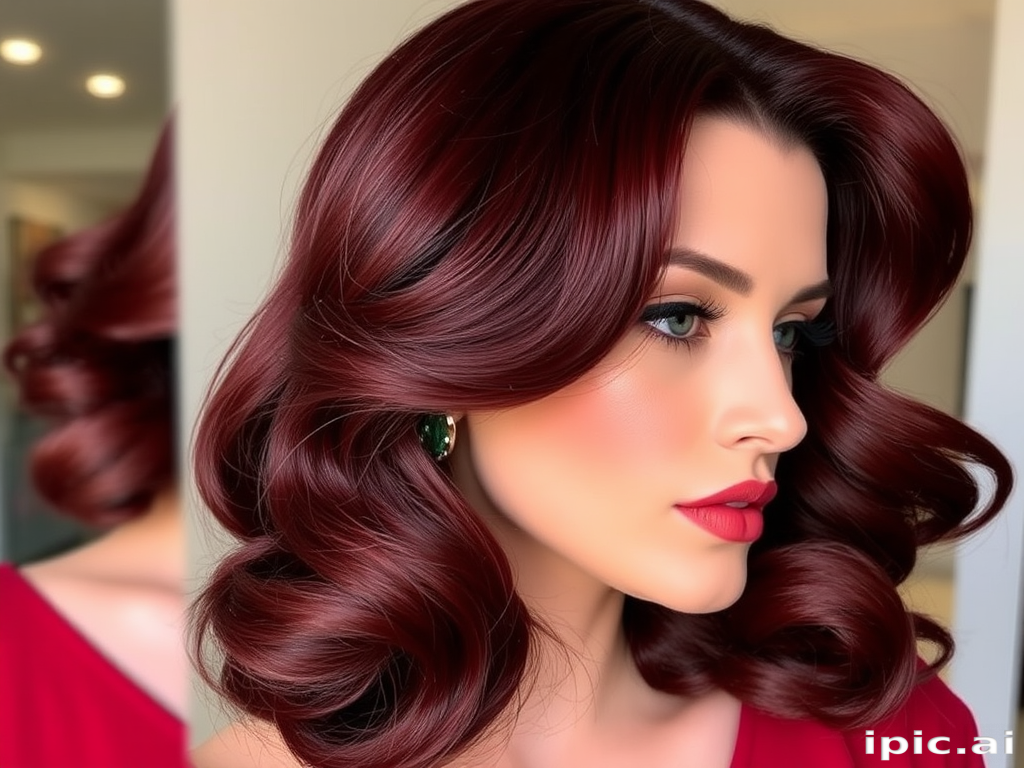 Glamorous old Hollywood waves in deep burgundy, styled with a dramatic side sweep and glossy finish, exuding vintage-inspired elegance and allure