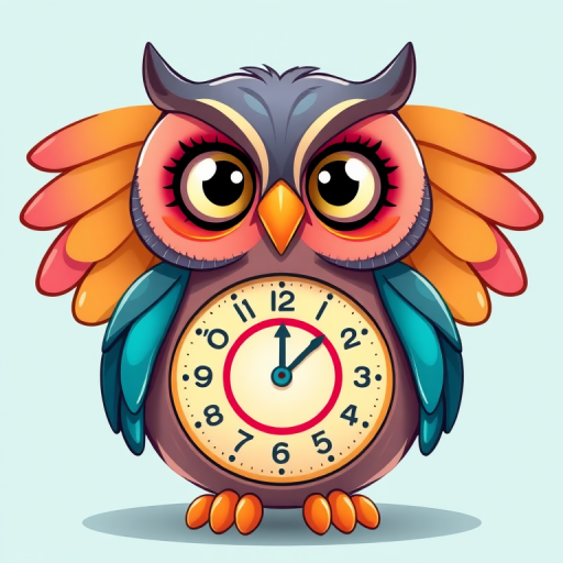 Create a whimsical illustration of a cartoon owl with a clock in its belly, vibrant colors, 4k resolution, 50mm lens, f/2.8 aperture, ISO 100, soft diffused lighting, front view, digital art style.