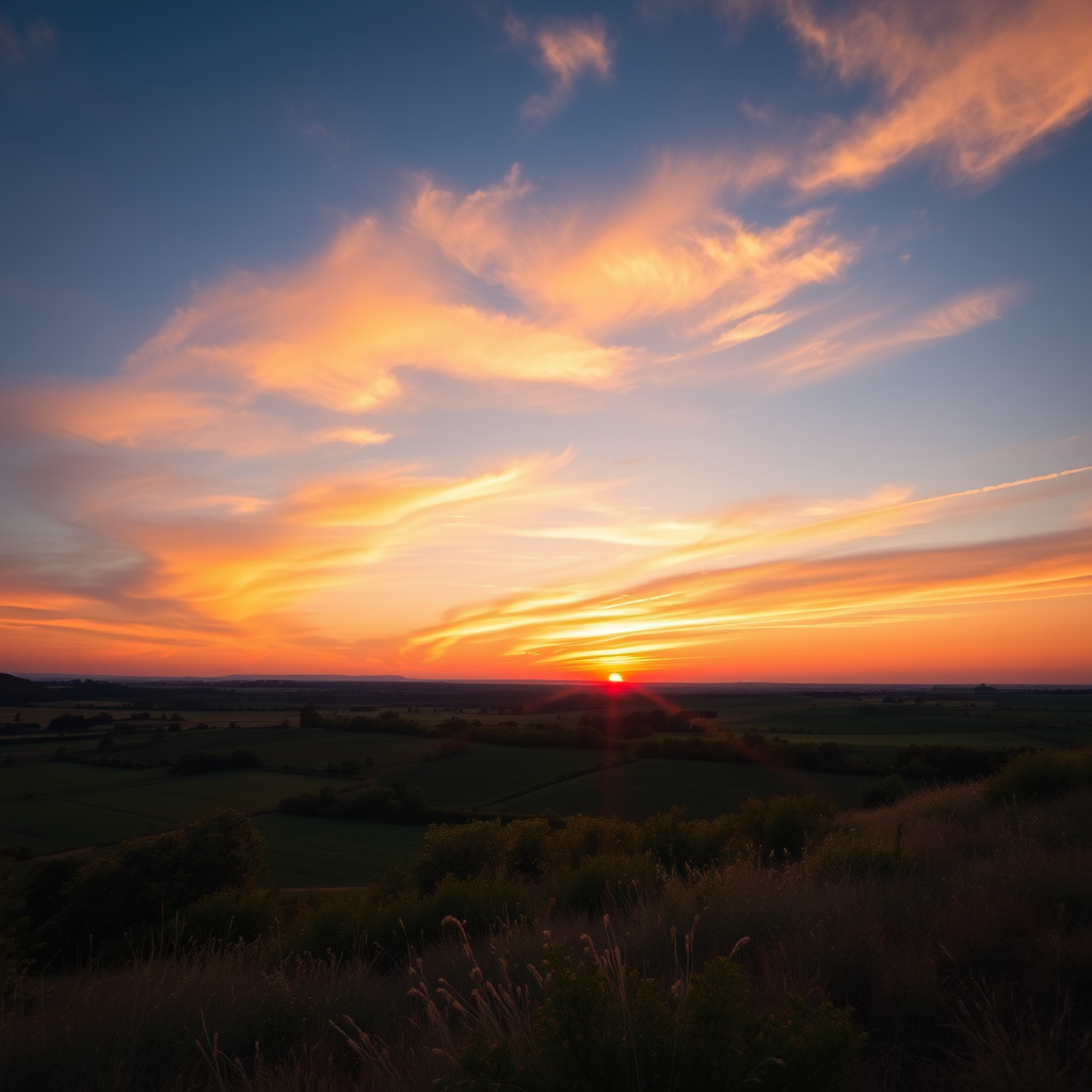 Capture a high-resolution image of a serene landscape during sunset, using a Canon EOS 5D Mark IV, 50mm lens, aperture f/1.8, ISO 100, shutter speed 1/200 sec, with a focus on vibrant colors and dramatic lighting, wide-angle view for depth.