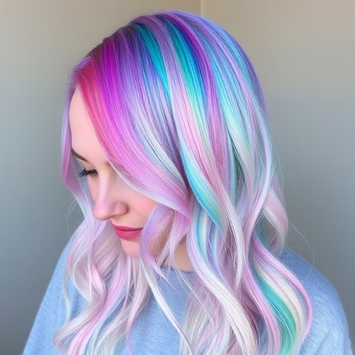 Iridescent opal-inspired hair color melding pastel pink, blue, and green tones, styled by Pearl Luminescence, featuring a long layered cut with face-framing tendrils and holographic glitter accents