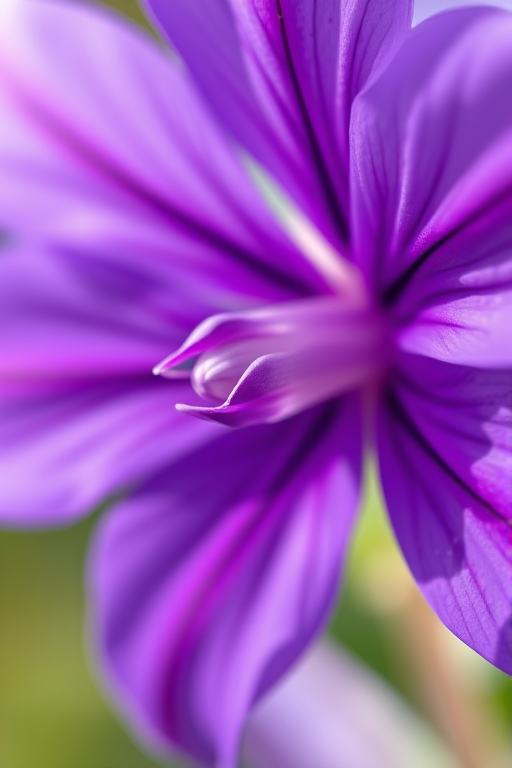 close-up of a vibrant purple flower with intricate petal details, soft focus background, taken with a macro lens at f/2.8, ISO 100, 1/200s, natural lighting, DSLR camera