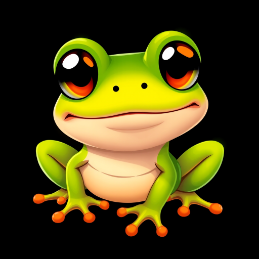 Create a vibrant illustration of a cartoon amphibian with large eyes and a playful expression, set against a solid black background, using a 50mm lens with f/1.8 aperture, natural lighting, and a high-resolution digital camera.