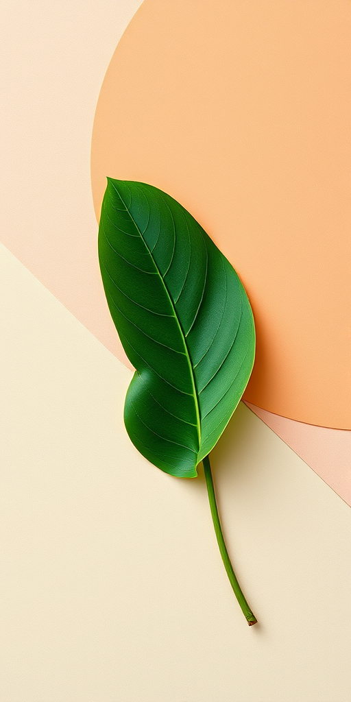 create a minimalist flat lay design featuring a single green leaf with curved lines on a colored background with abstract shapes in soft earth tones, captured with a Canon EOS R5, 50mm lens, aperture f/2.8, ISO 100, natural light, top-down view