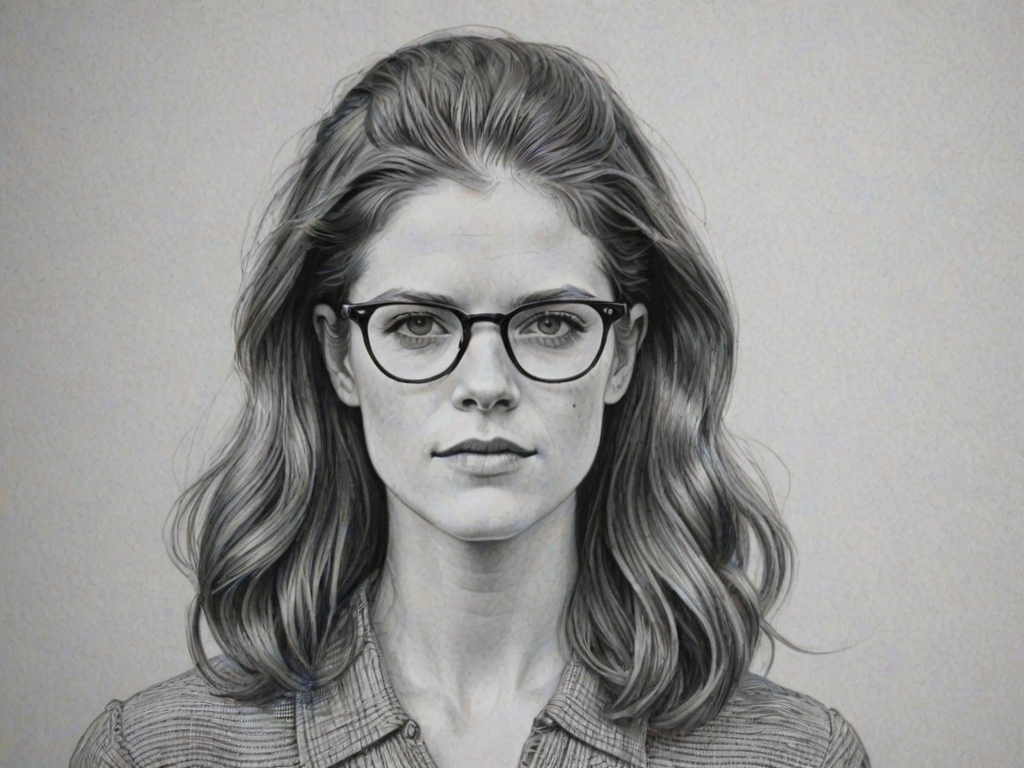 Resplendent Rose Leslie, pencil sketch, portrait of Wonderful woman 1943s in glasses, hair style beatnik, outline, clear lines, fine lines, 8k