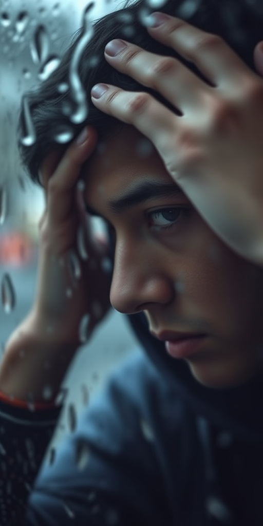 Create a close-up image of a person with their hand on their forehead, viewed through a rain-drenched window, using a 50mm lens, f/1.8 aperture, ISO 200, with low natural light to enhance detail and create a moody atmosphere.