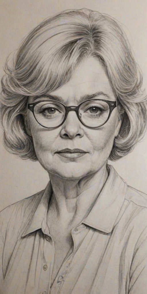 Fetching June Squibb, pencil sketch, portrait of Lovely woman 1976s in glasses, hair style beatnik, outline, clear lines, fine lines, 8k