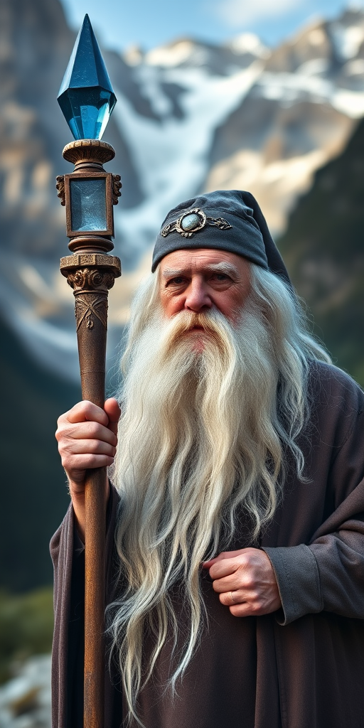 A wise old wizard with a long white beard holding a mystical staff topped with a blue crystal, standing in a dramatic mountainous landscape, captured with a DSLR camera at 50mm, f/1.8 aperture, ISO 100, natural light, and a shallow depth of field to enhance portrait details.
