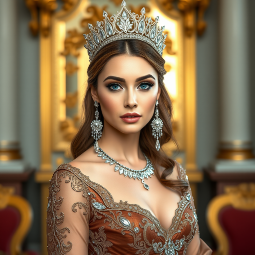 A gorgeous Kazakh woman in a luxurious brown gown, accessorized with a dazzling tiara and statement earrings, her deep blue eyes highlighted by impeccable makeup, poised in a royal setting, photorealistic, 8K quality
