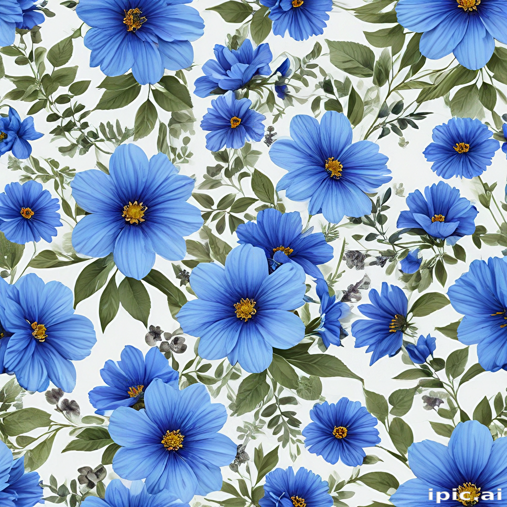 Vibrant Blue Floral Pattern Featuring Lush Blooms and Greenery Accents