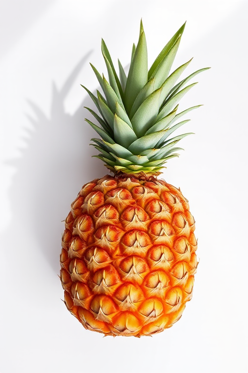 a vibrant pineapple on a white background, taken with a Canon EOS R5, f/2.8 aperture, 50mm lens, ISO 100, top-down view, natural light for enhanced color saturation and shadow detail