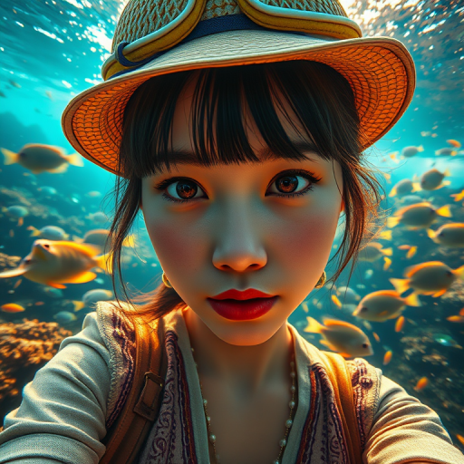 Realistic selfie image of a Vietnamese, wearing a vintage outfit, detailed dreamy eyes, droopy hooded eyes, staring at the camera, taken underwater at coral reef with a sunbeam filtering through the water, vibrant, summer vacation, natural lighting, turtle and school of tropical fish with vibrant colors, rendered in the style of CryEngine, Pegi Nicol MacLeod, with realistic genre scenes, hauntingly beautiful narratives, ultra-realism, and Thomas Saliot's close-up technique, 8K resolution, crystal clear and sparkling water.
